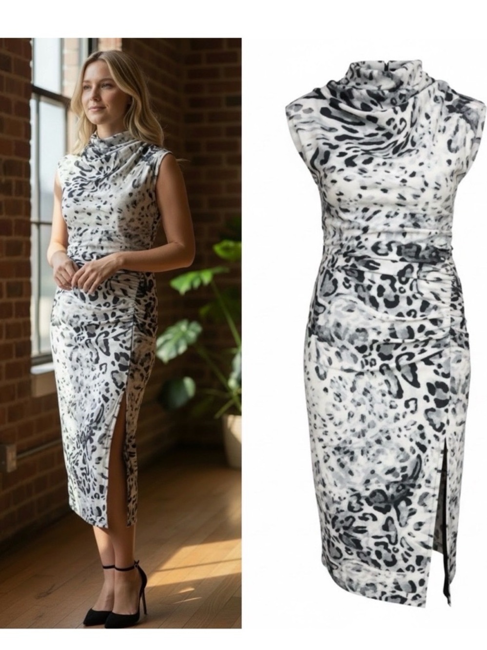 Draped Mock Neck Midi Dress, Side Slit